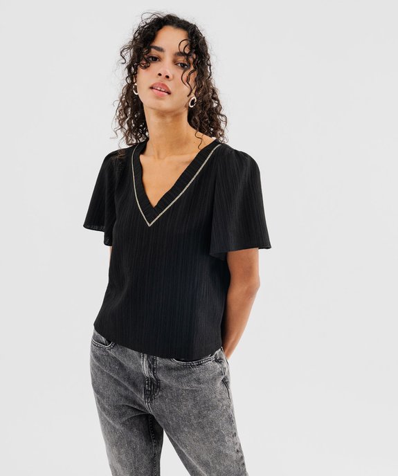 Blouse à manches courtes et grand col V en matière froissée femme vue1 - GEMO(FEMME PAP) - GEMO