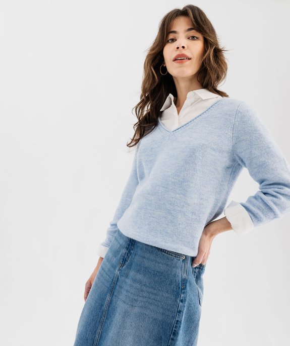 Pull col V avec finitions roulottées femme vue1 - GEMO(FEMME PAP) - GEMO