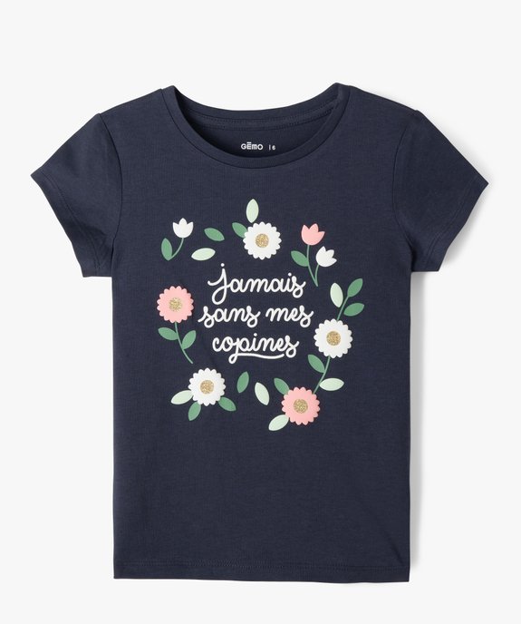 Tee-shirt à manches courtes avec motifs fleuris et paillettes fille vue1 - GEMO (ENFANT) - GEMO