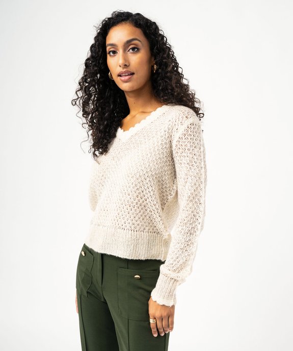 Pull pailleté col V en maille ajourée femme vue1 - GEMO(FEMME PAP) - GEMO