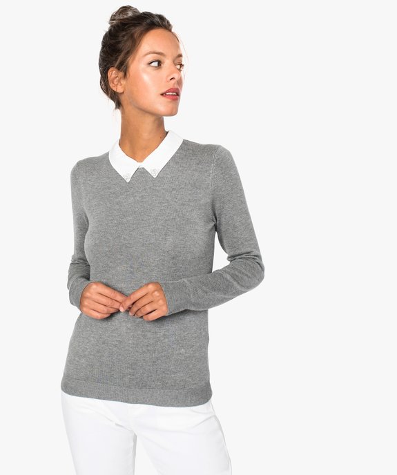 Pull femme fin avec col chemise brodé de perles vue1 - GEMO(FEMME PAP) - GEMO