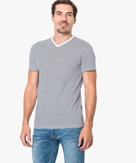 Tee shirt manches courtes col V - fines rayures vue1 - GEMO (HOMME) - GEMO