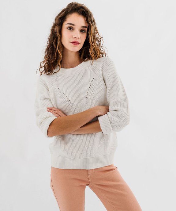 Pull en coton avec maille ajourées sur l’avant femme vue1 - GEMO(FEMME PAP) - GEMO