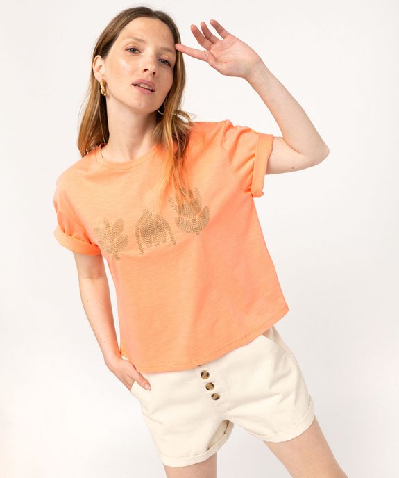 Tee-shirt manches courtes crop top avec motif brodé femme vue1 - GEMO(FEMME PAP) - GEMO