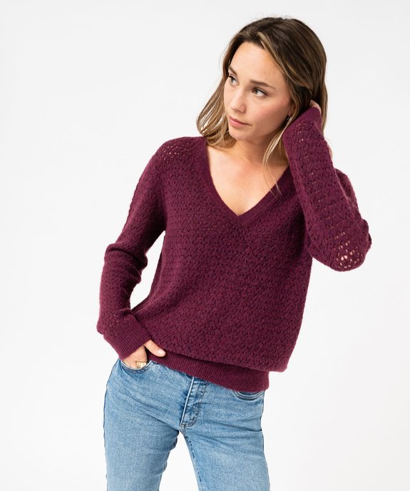 Pull col V en maille ajourée femme vue1 - GEMO 4G FEMME - GEMO