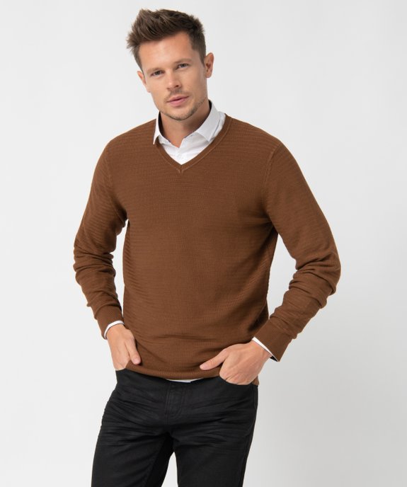 Pull homme à col V en maille fantaisie vue1 - GEMO (HOMME) - GEMO