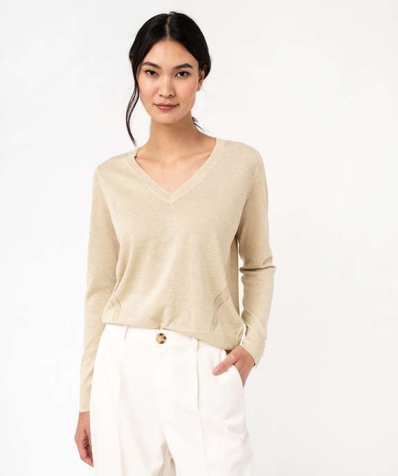 Pull fin et pailleté à col V avec boutons aux poignets femme vue1 - GEMO(FEMME PAP) - GEMO