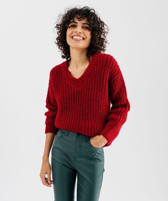 Pull en grosse maille à col V femme vue3 - GEMO(FEMME PAP) - GEMO