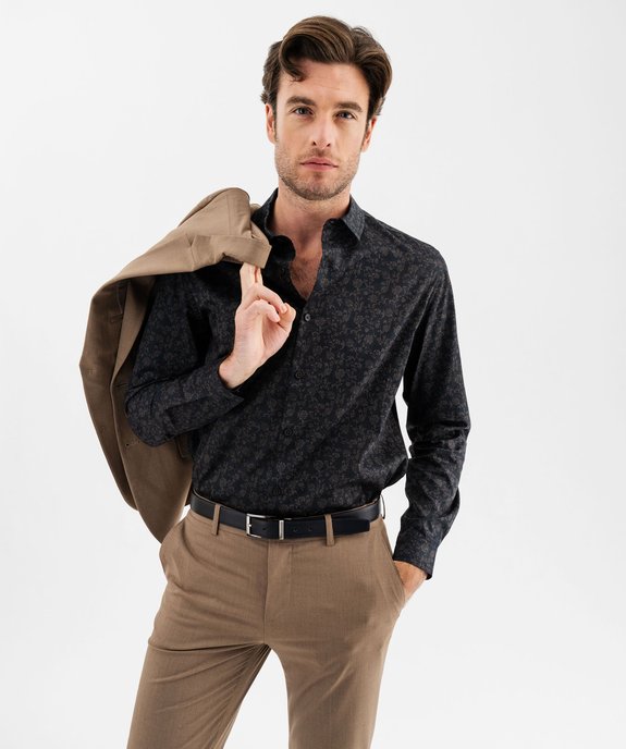 Chemise manches longues coupe droite en coton à motif fleuri homme vue1 - GEMO (HOMME) - GEMO