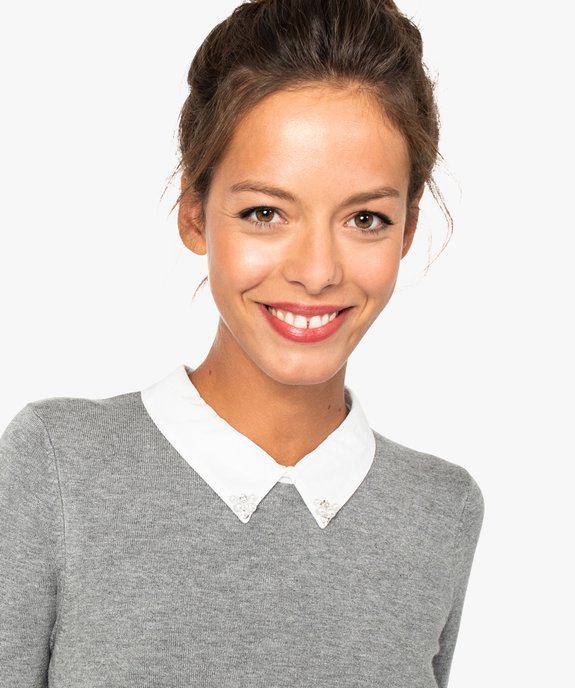 Pull femme fin avec col chemise brodé de perles vue2 - GEMO(FEMME PAP) - GEMO