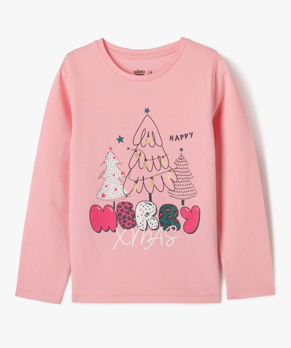 Tee-shirt manches longues de Noël en coton imprimé fille vue1 - GEMO 4G FILLE - GEMO