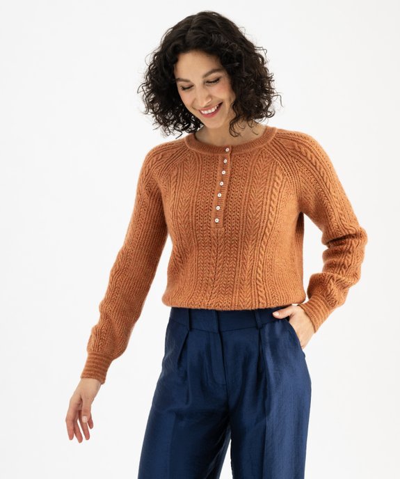 Pull  en maille fantaisie avec col rond à boutons femme vue1 - GEMO(FEMME PAP) - GEMO