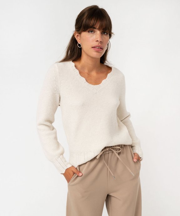 Pull en maille col V finitions dentelées femme vue1 - GEMO(FEMME PAP) - GEMO