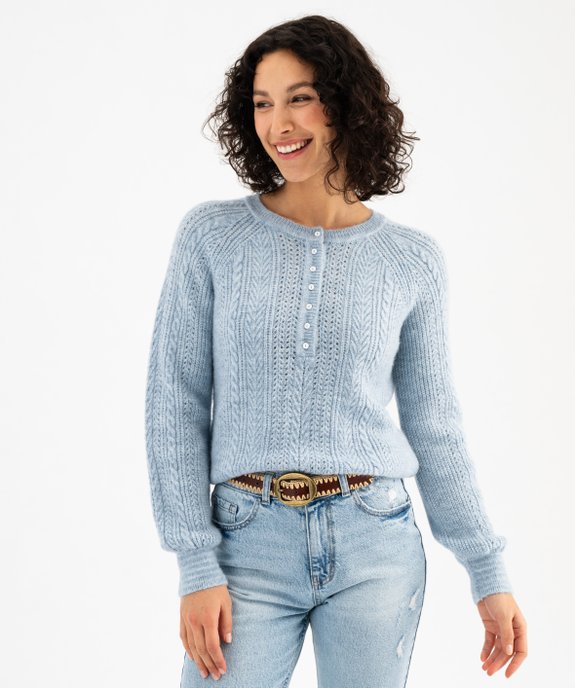 Pull  en maille fantaisie avec col rond à boutons femme vue1 - GEMO(FEMME PAP) - GEMO