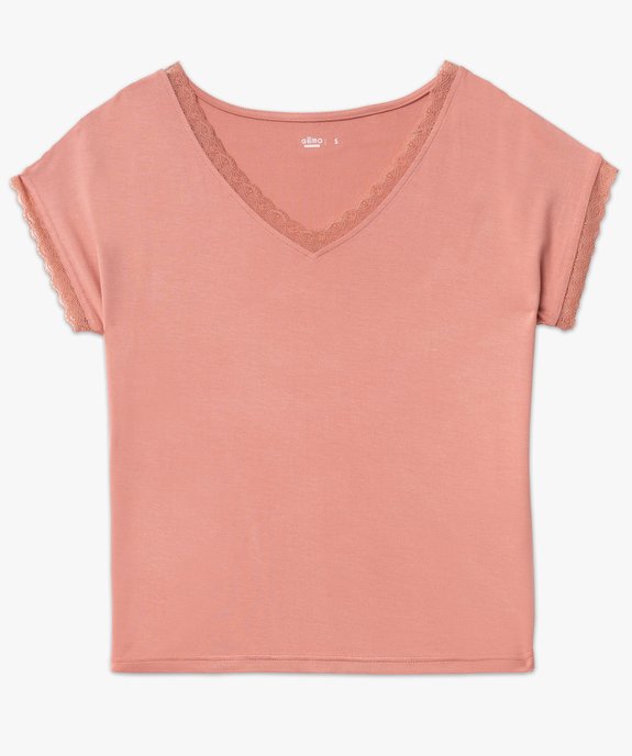 Tee-shirt à manches courtes et col V en dentelle coupe loose femme vue4 - GEMO 4G FEMME - GEMO