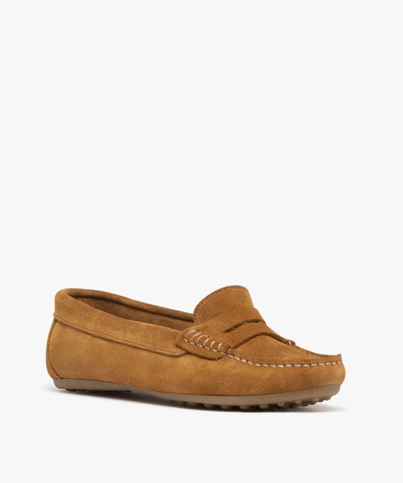 Mocassins femme en cuir suédé uni et à bout carré avec surpiqûres contrastantes vue2 - GEMO (CASUAL) - GEMO