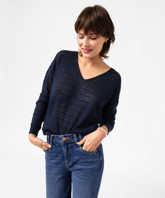 Pull col V en maille fine ajourée femme vue1 - GEMO(FEMME PAP) - GEMO