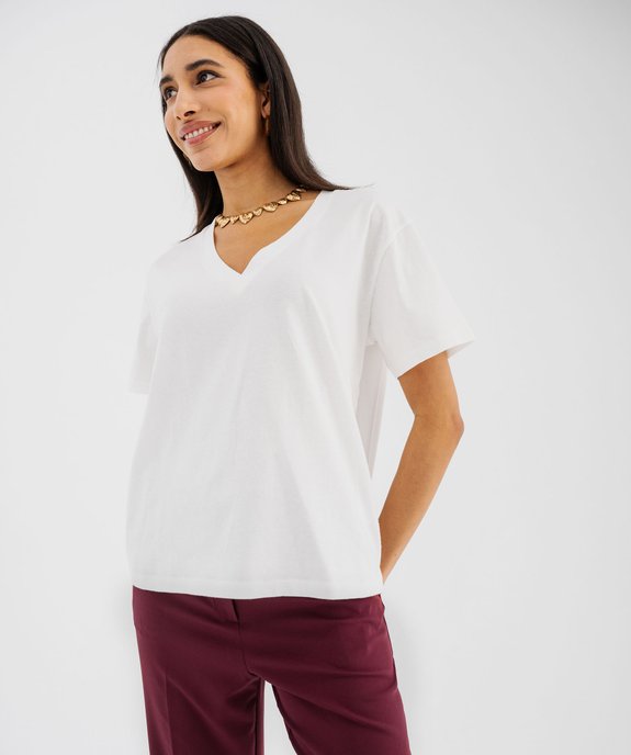 Tee-shirt manches courtes col V uni en coton femme vue1 - GEMO 4G FEMME - GEMO