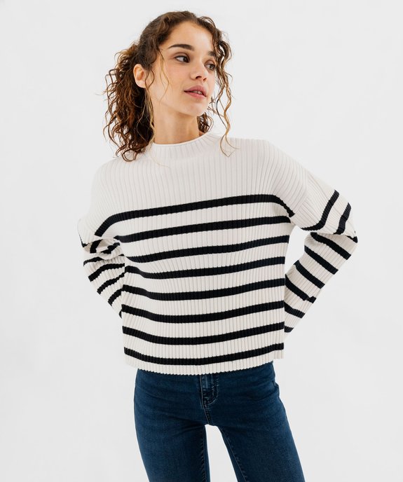 Pull rayé en maille côtelée à col rond femme vue1 - GEMO(FEMME PAP) - GEMO