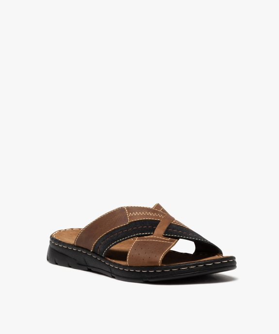 Mules homme avec brides croisées en cuir et surpiqûres fantaisie vue2 - GEMO (CASUAL) - GEMO