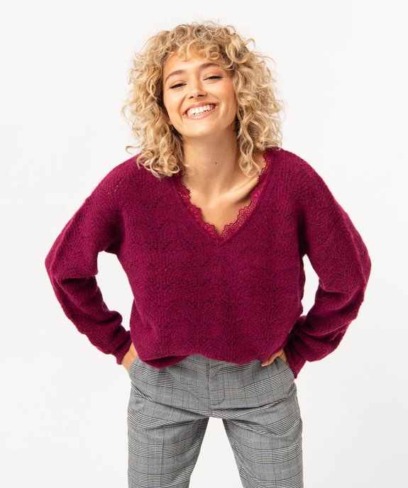 Pull ajouré avec col V en dentelle femme vue1 - GEMO 4G FEMME - GEMO