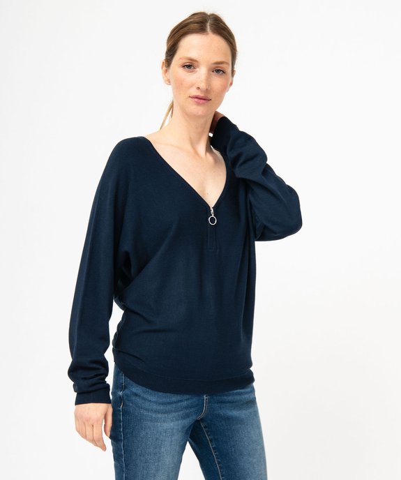 Pull fin à col V zippé manches chauve-souris femme vue2 - GEMO 4G FEMME - GEMO