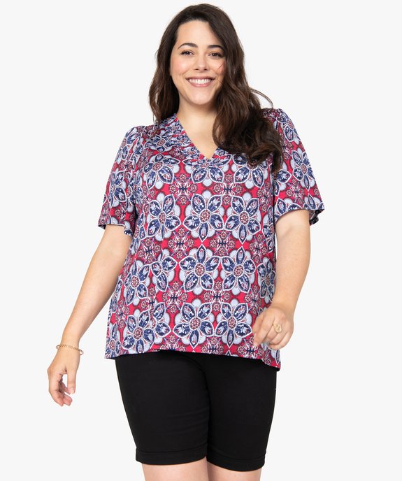 Tee-shirt femme grande taille à motifs fleuris et col V smocké vue1 - GEMO (G TAILLE) - GEMO