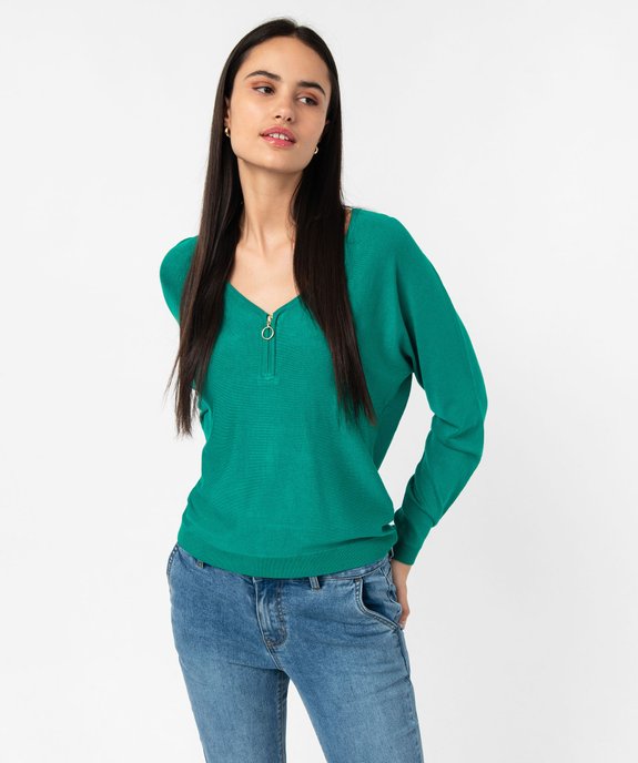 Pull fin à col V zippé manches chauve-souris femme vue1 - GEMO 4G FEMME - GEMO