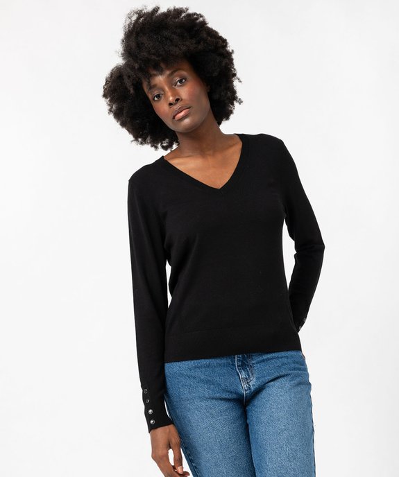 Pull fin à col V avec boutons aux poignets femme vue1 - GEMO 4G FEMME - GEMO