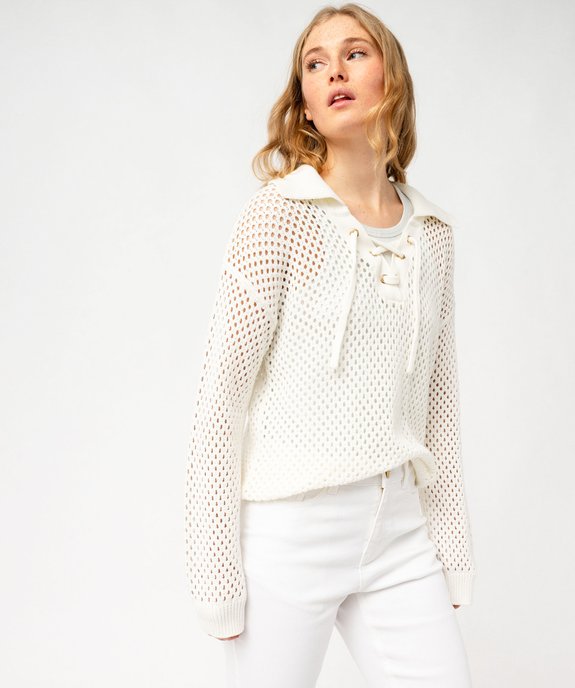 Pull en maille ajourée avec col à lacets femme vue1 - GEMO(FEMME PAP) - GEMO