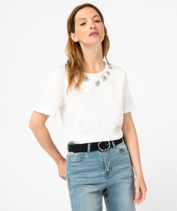 Tee-shirt à manches courtes avec strass sur le col femme vue1 - GEMO(FEMME PAP) - GEMO