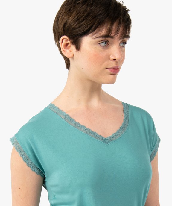 Tee-shirt femme à manches courtes avec col V en dentelle vue2 - GEMO 4G FEMME - GEMO