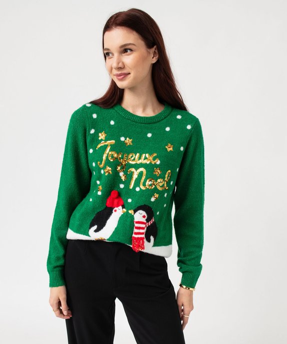 Pull de Noël avec motifs pingouins et sequins femme vue1 - GEMO(FEMME PAP) - GEMO