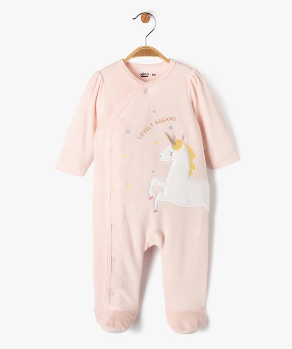 Pyjama en velours ouvert devant avec motif licorne bébé fille vue1 - GEMO(BB COUCHE) - GEMO